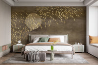 Brown Golden Flying Birds Wall mural in a bright bedroom with a window seat.