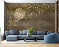Blue sectional sofa paired with a textured brown and gold bird wall mural.