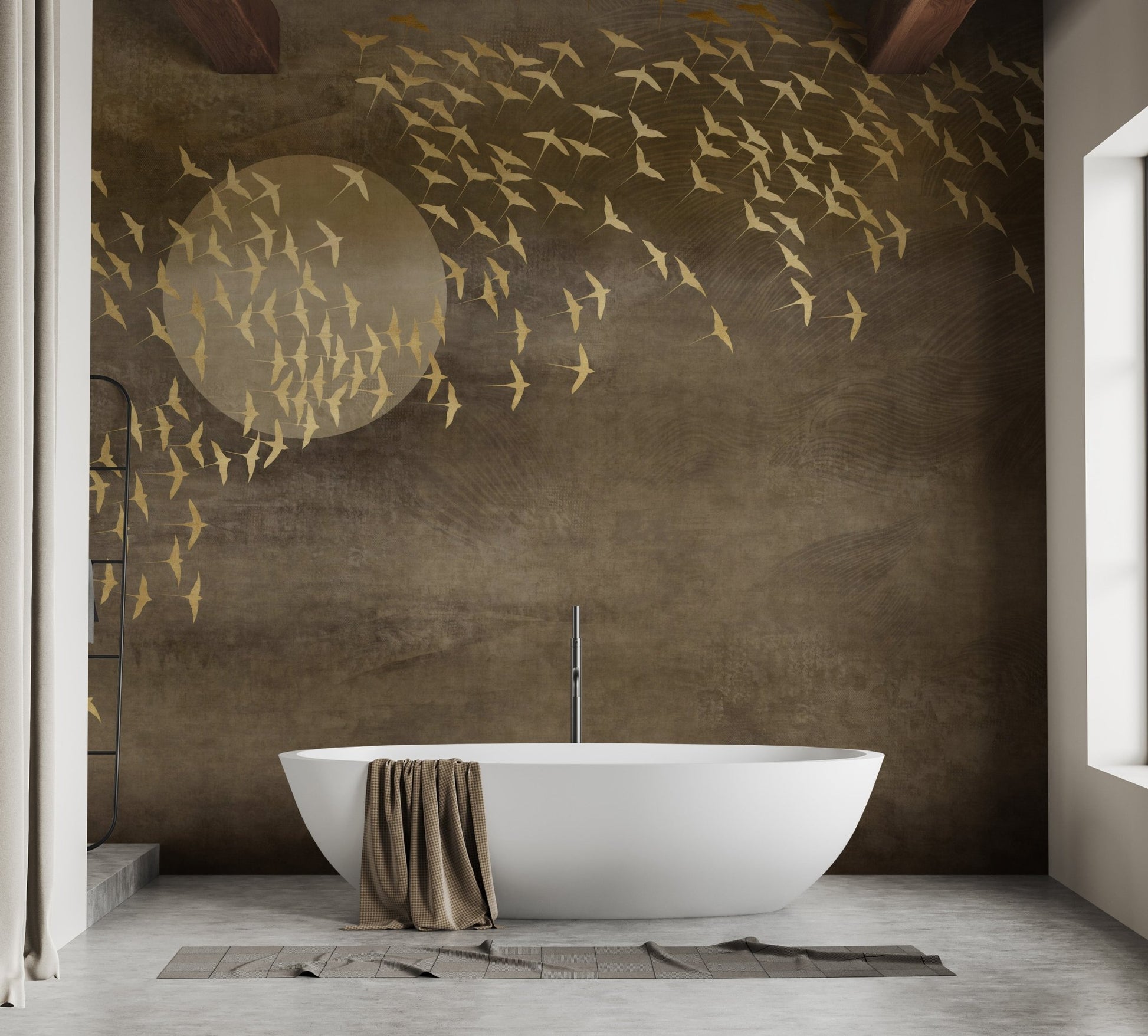 Luxury bathroom with a freestanding tub against golden bird wall mural.