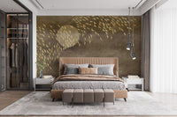 Dark wood bed frame set against a textured brown wall mural with gold accents.