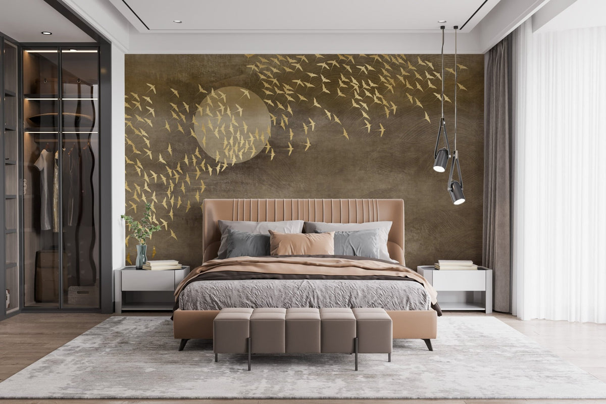 Dark wood bed frame set against a textured brown wall mural with gold accents.