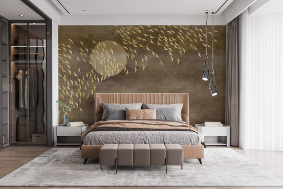 Dark wood bed frame set against a textured brown wall mural with gold accents.