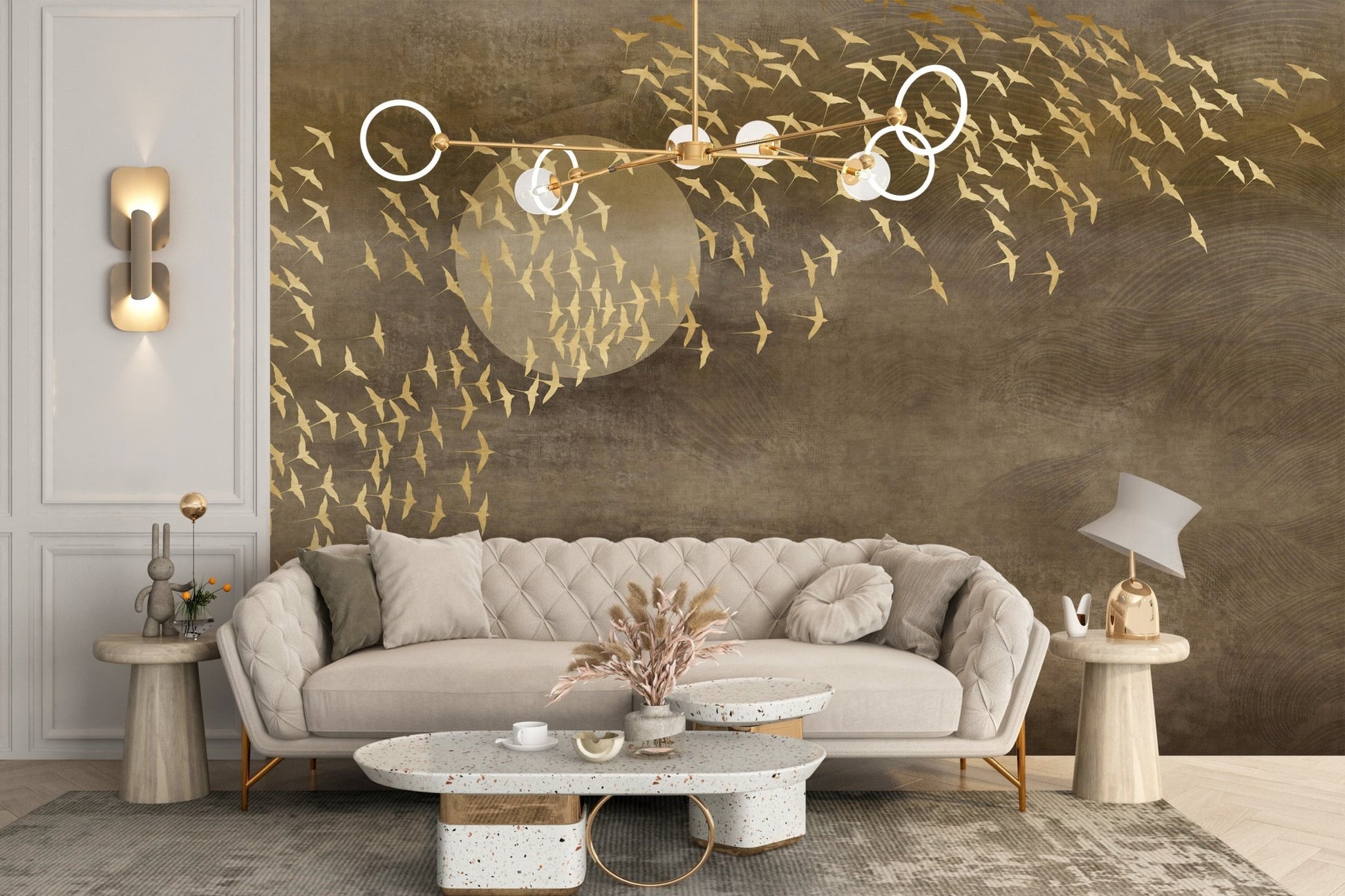 Modern living room featuring a tan sofa and Brown Golden Flying Birds Wall mural.
