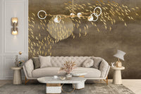 Modern living room featuring a tan sofa and Brown Golden Flying Birds Wall mural.