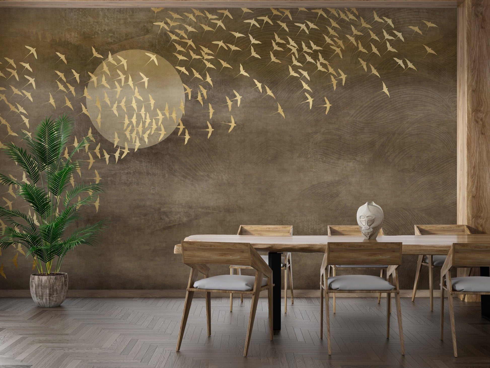 Brown Golden Flying Birds Wall murals used as a backdrop for a wooden dining set.