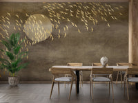 Brown Golden Flying Birds Wall murals used as a backdrop for a wooden dining set.