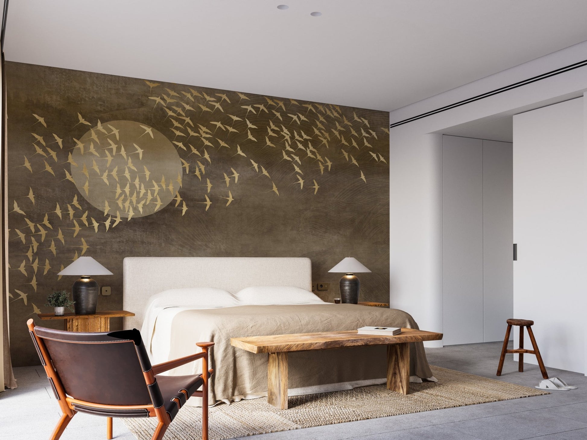 Textured brown wall mural with gold bird patterns in a contemporary master suite.