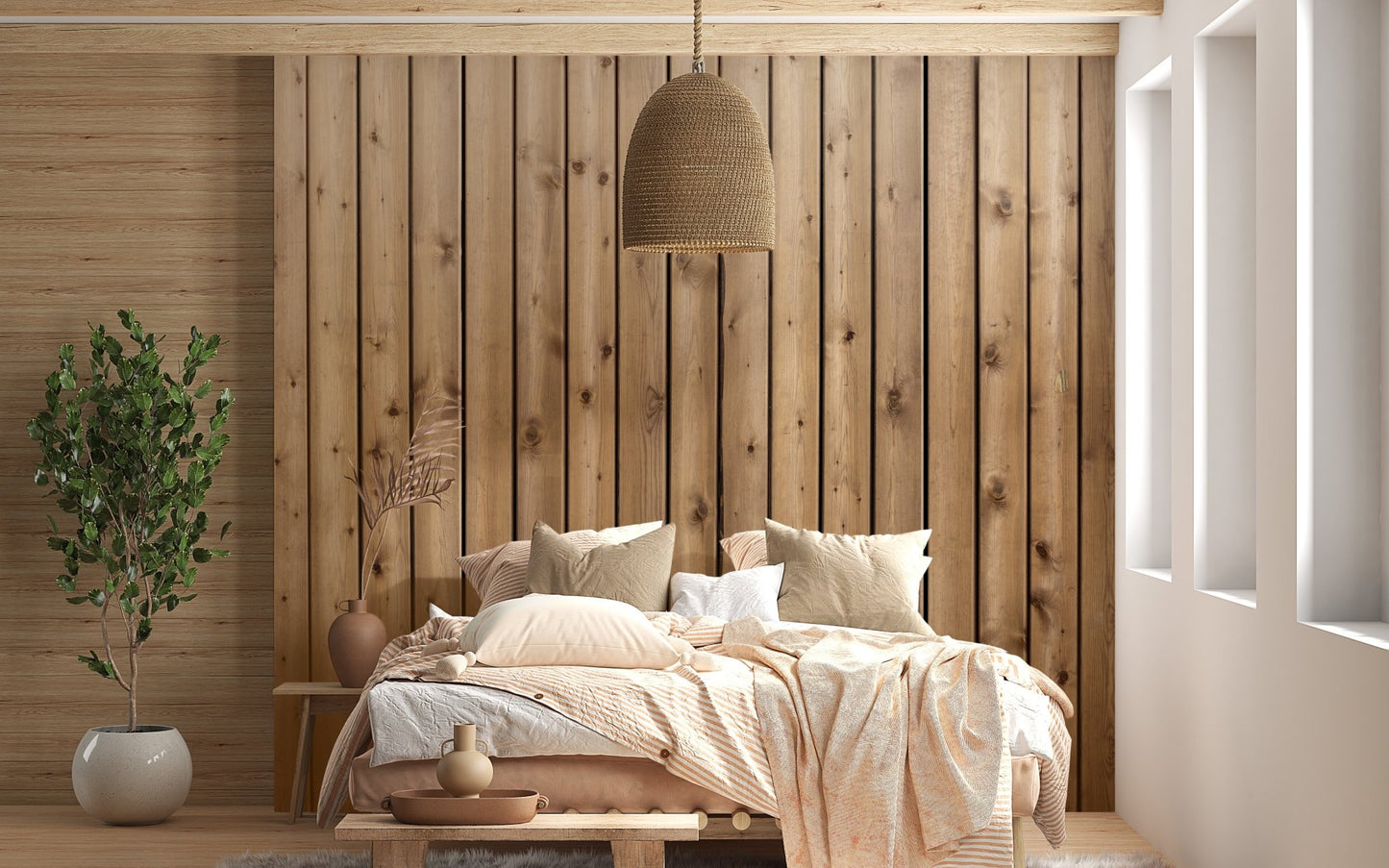 Authentic wood finish wall mural in a bright bedroom with large windows.