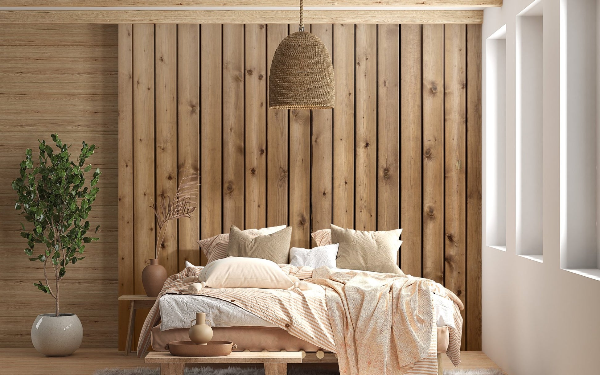 Authentic wood finish wall mural in a bright bedroom with large windows.