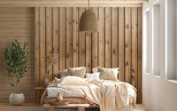 Authentic wood finish wall mural in a bright bedroom with large windows.