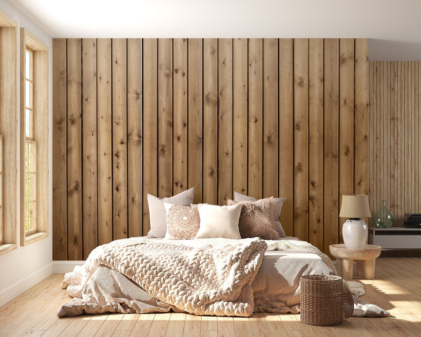 Brown Natural Wooden Striped Wall Mural in a sunlit bedroom with neutral bedding.