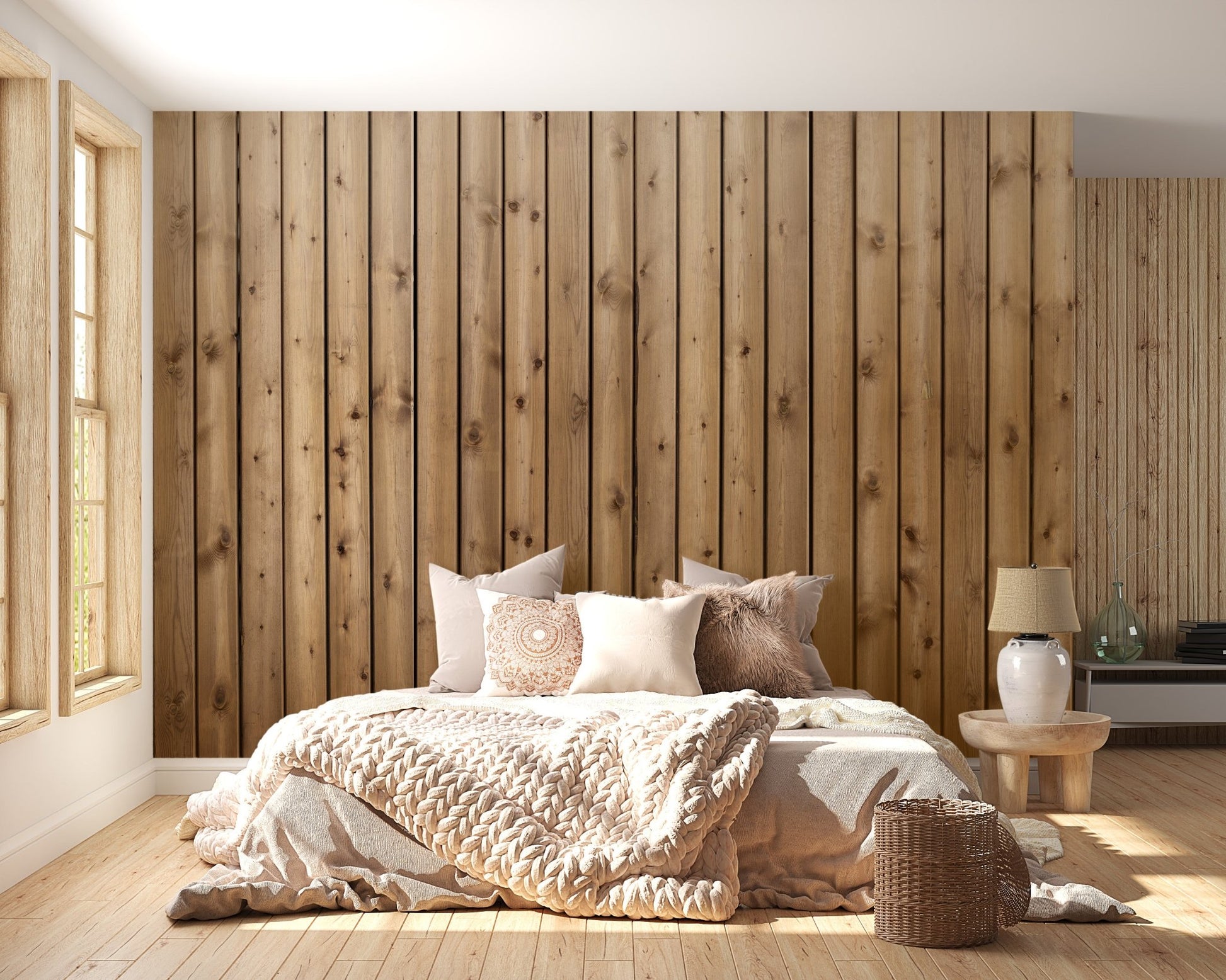 Brown Natural Wooden Striped Wall Mural in a sunlit bedroom with neutral bedding.