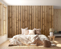 Brown Natural Wooden Striped Wall Mural in a sunlit bedroom with neutral bedding.
