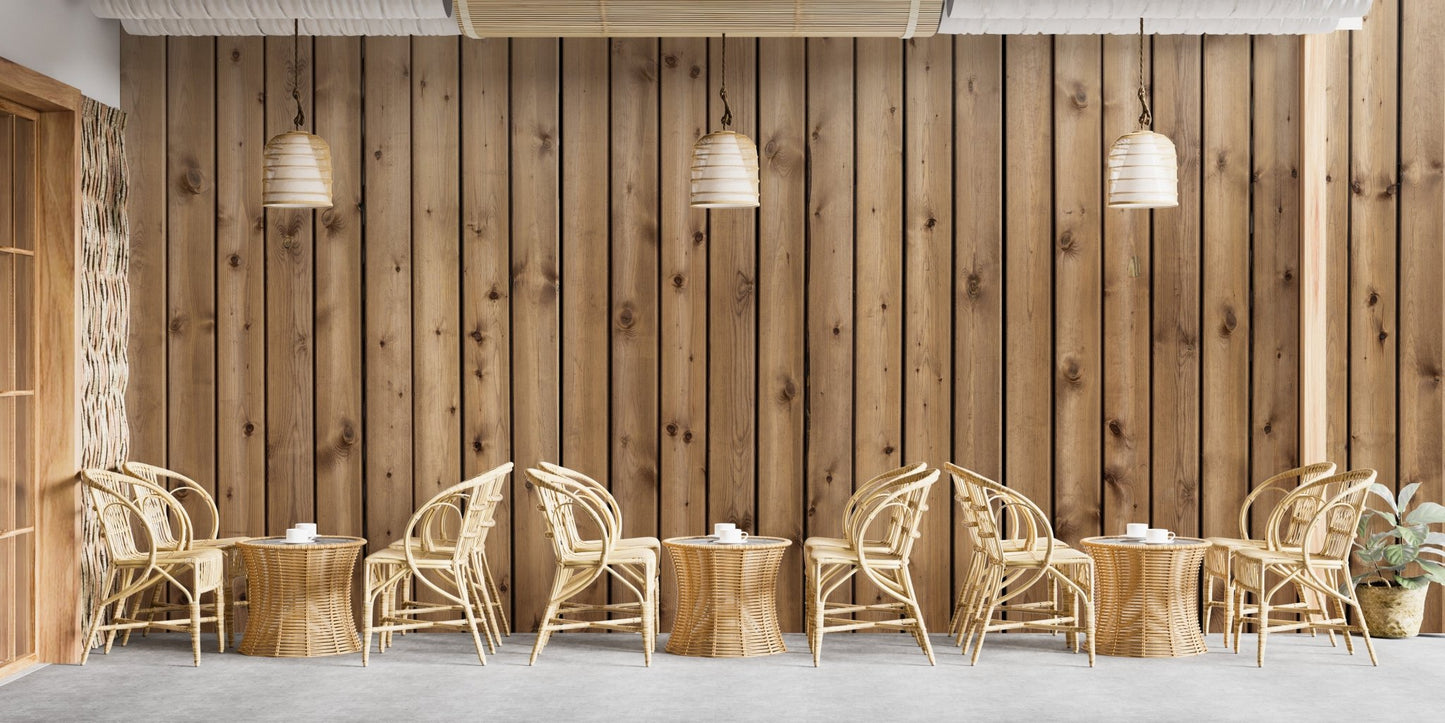 Brown wooden striped wall mural for earthy cafe interiors.