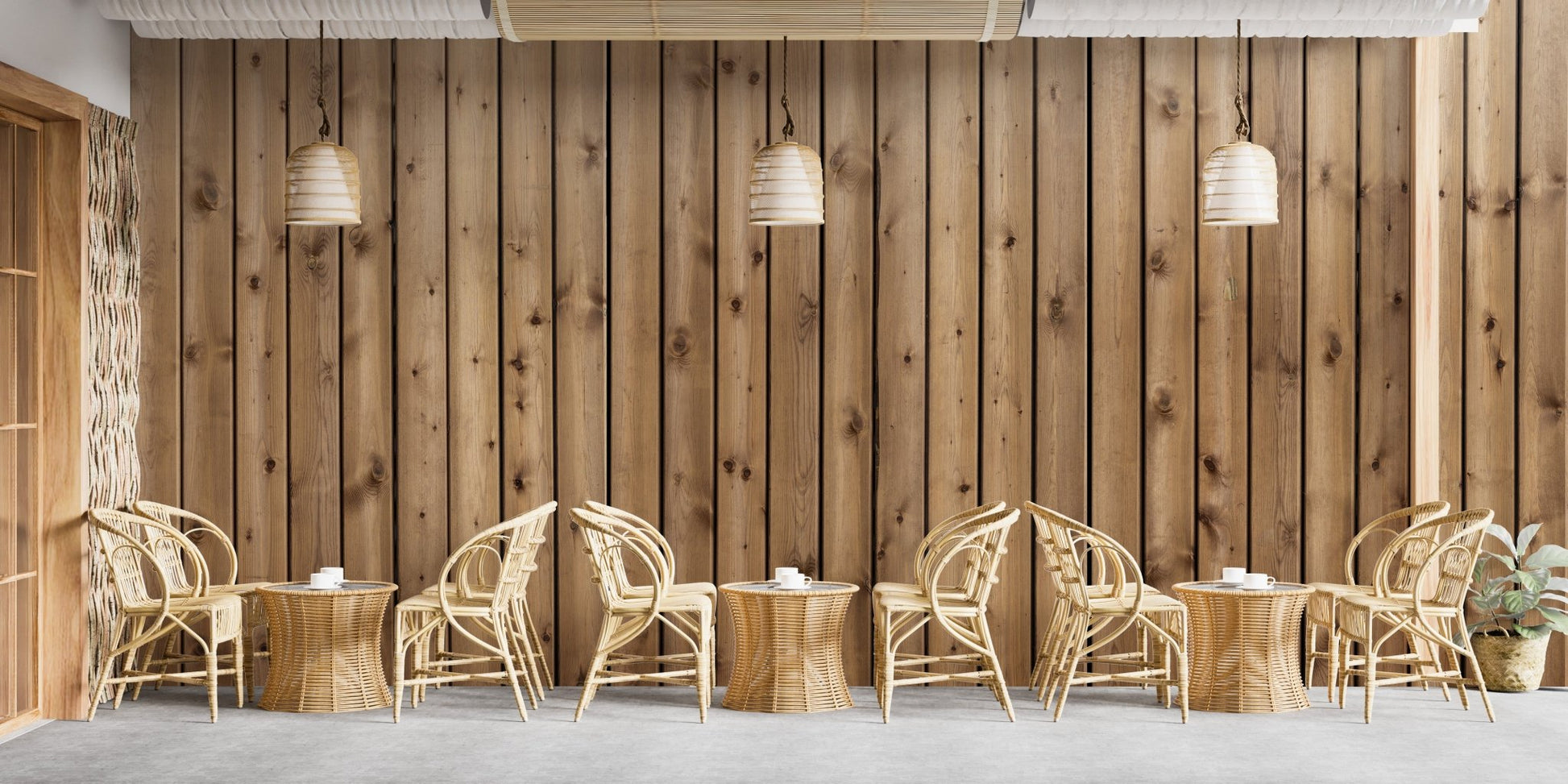 Brown wooden striped wall mural for earthy cafe interiors.