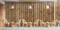 Brown wooden striped wall mural for earthy cafe interiors.