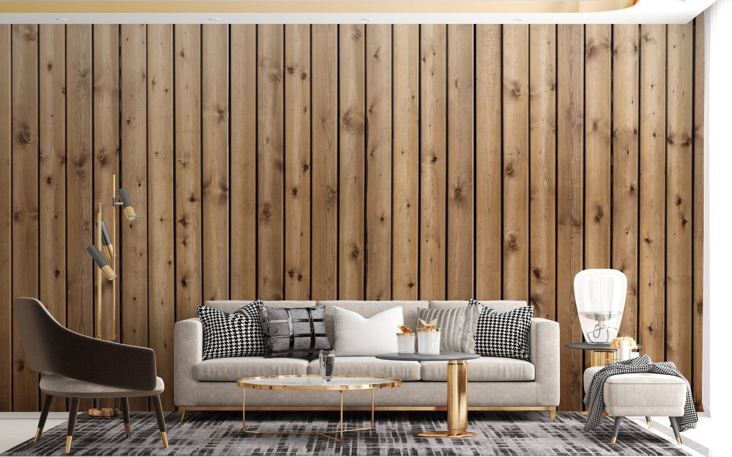 Brown vertical plank wall mural in a living room with a grey sofa and rug.