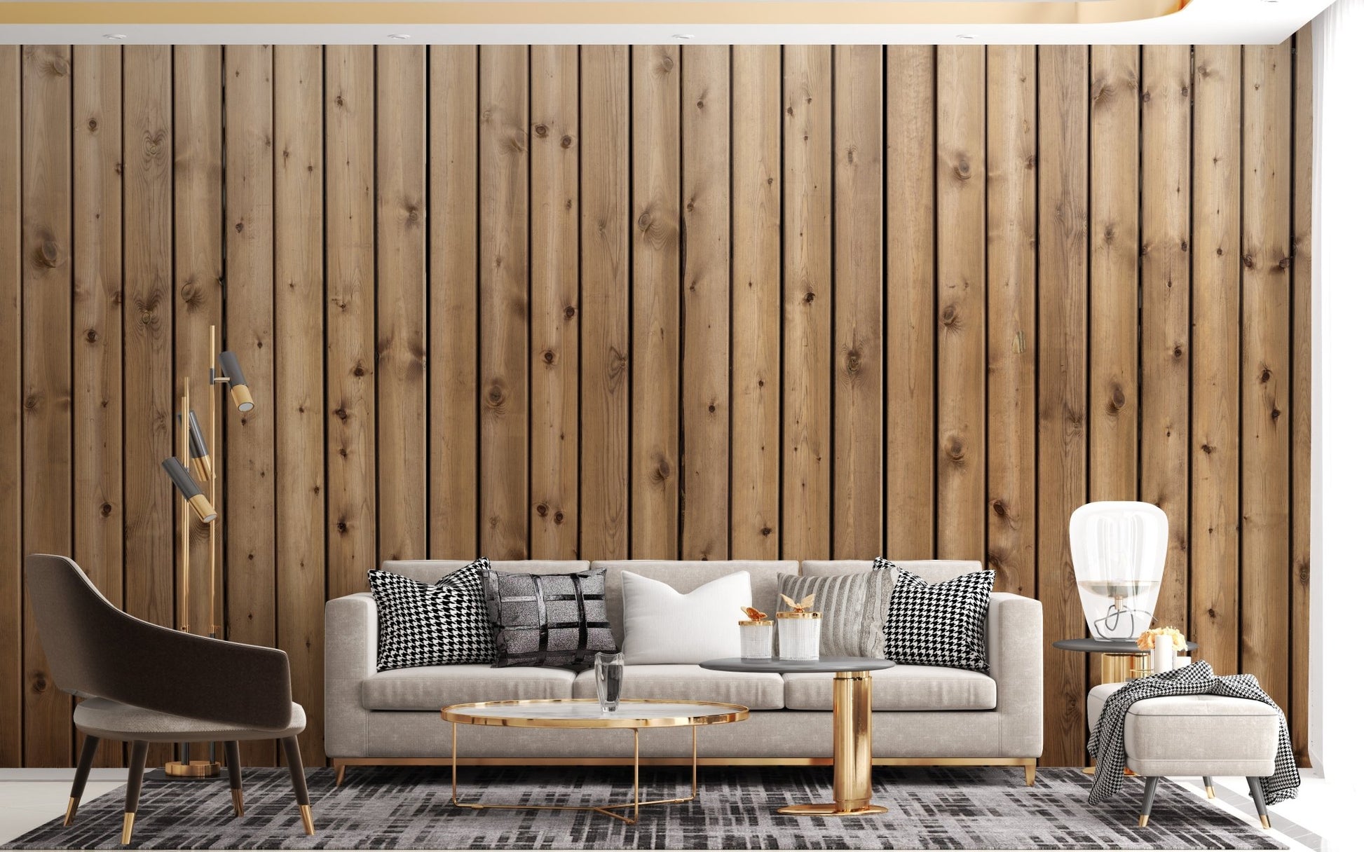 Brown vertical plank wall mural in a living room with a grey sofa and rug.