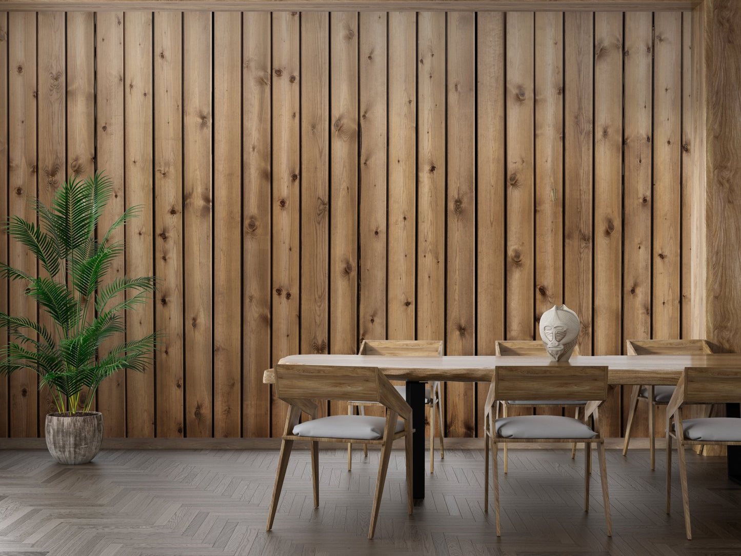 Natural wood grain wall mural in a dining room with minimalist furniture.