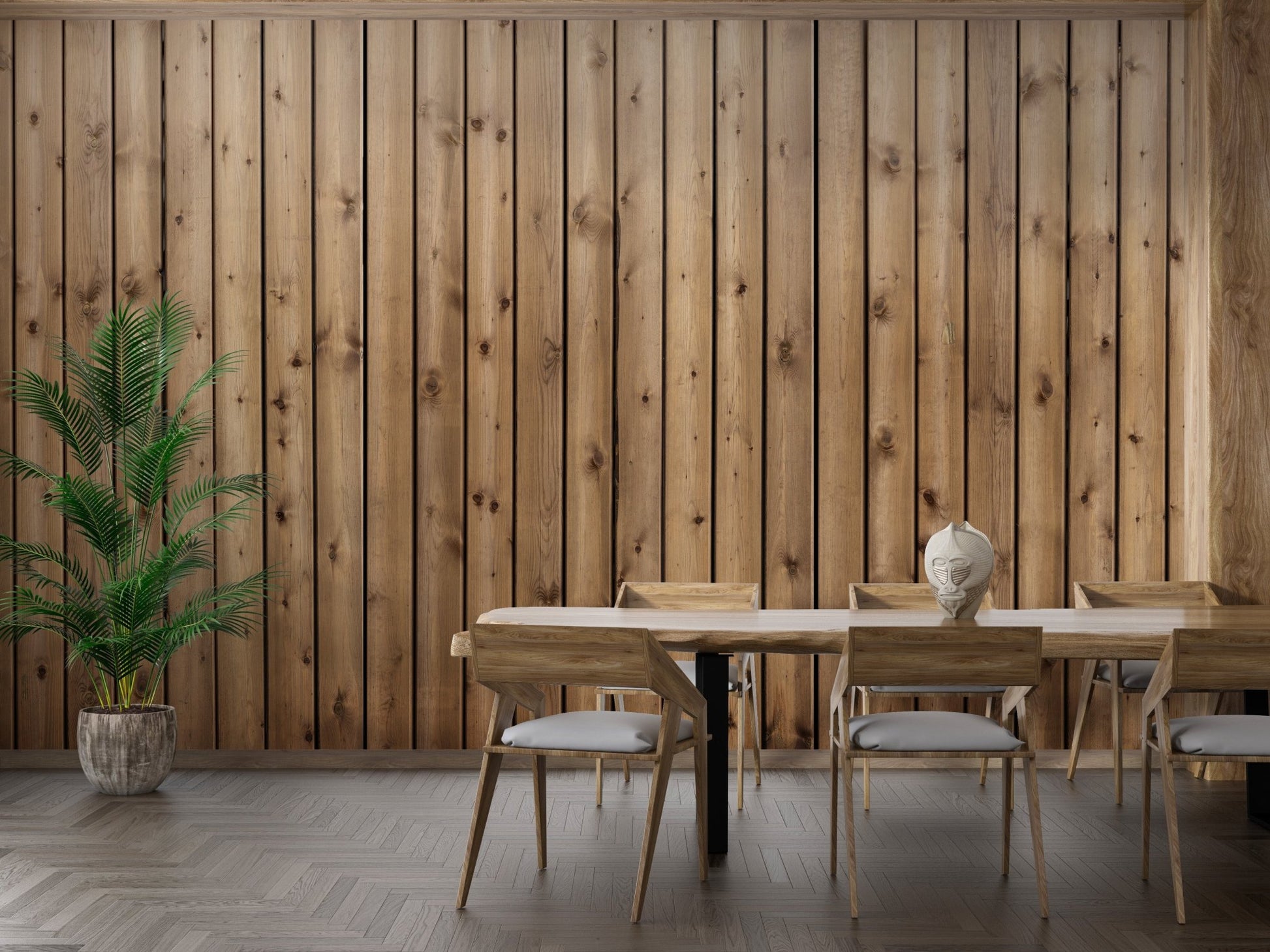 Natural wood grain wall mural in a dining room with minimalist furniture.