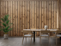 Natural wood grain wall mural in a dining room with minimalist furniture.