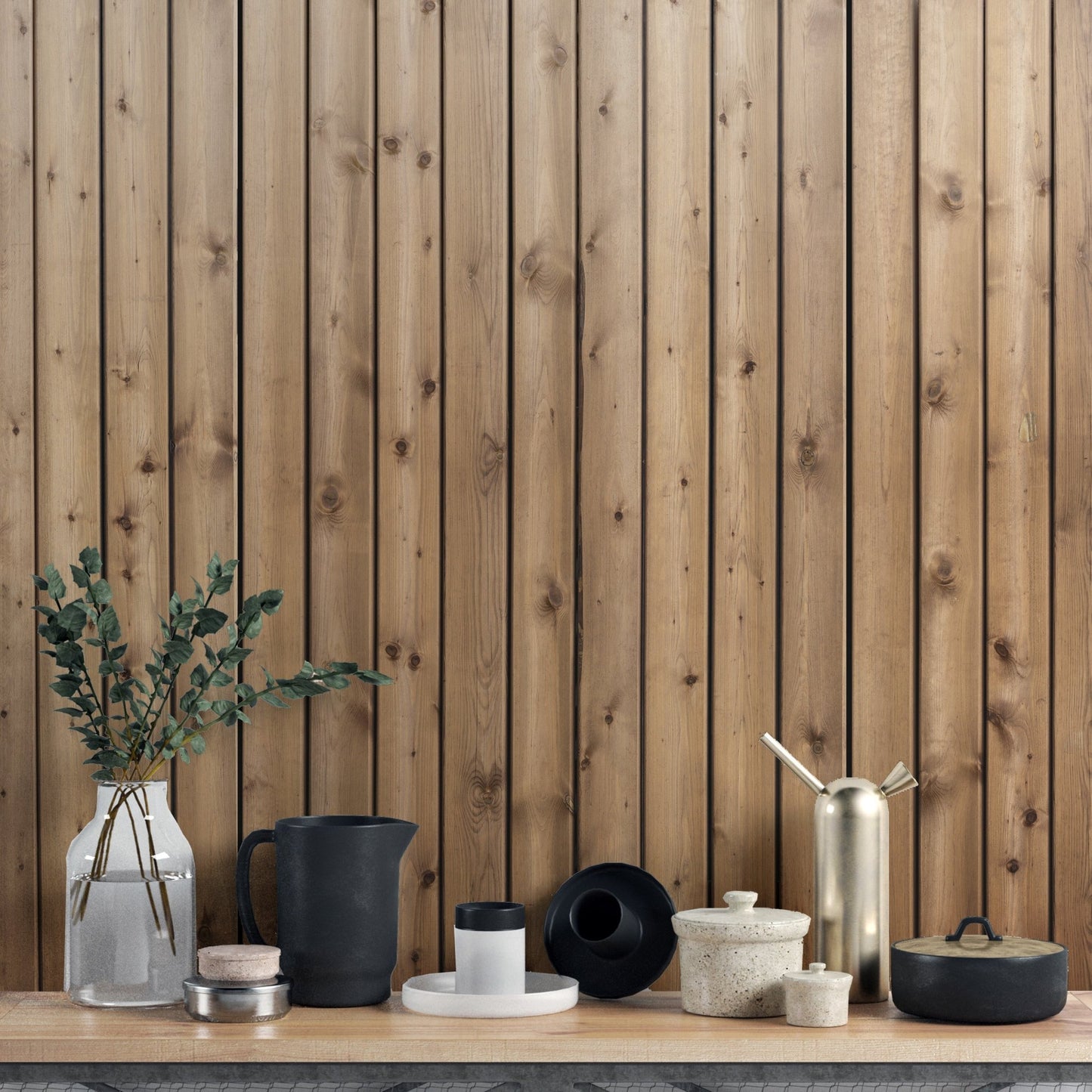 Wooden striped mural in natural brown tones for kitchen backdrop.