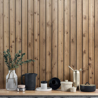 Wooden striped mural in natural brown tones for kitchen backdrop.