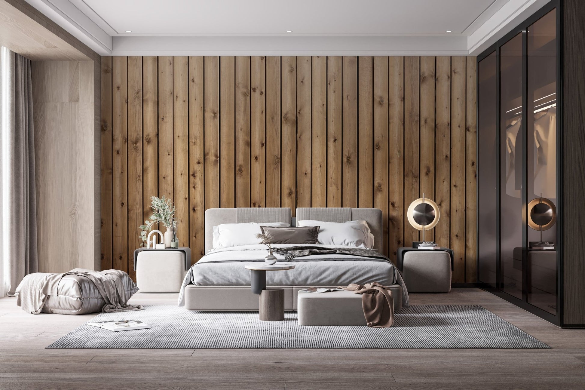 Vertical wood plank wall mural behind a modern bed in large bedroom.