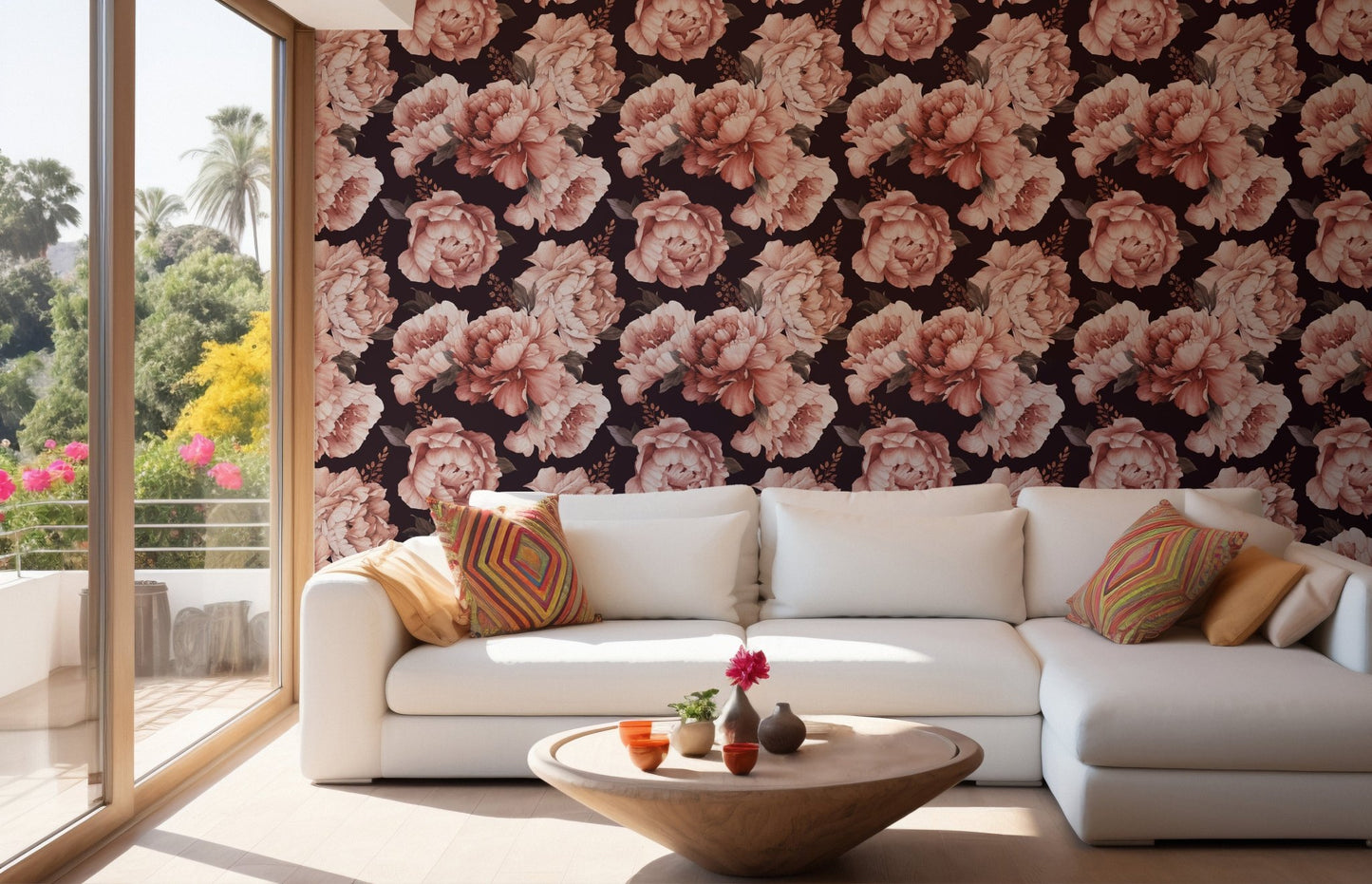 Bright living space showcasing the Brown watercolor wallpaper.