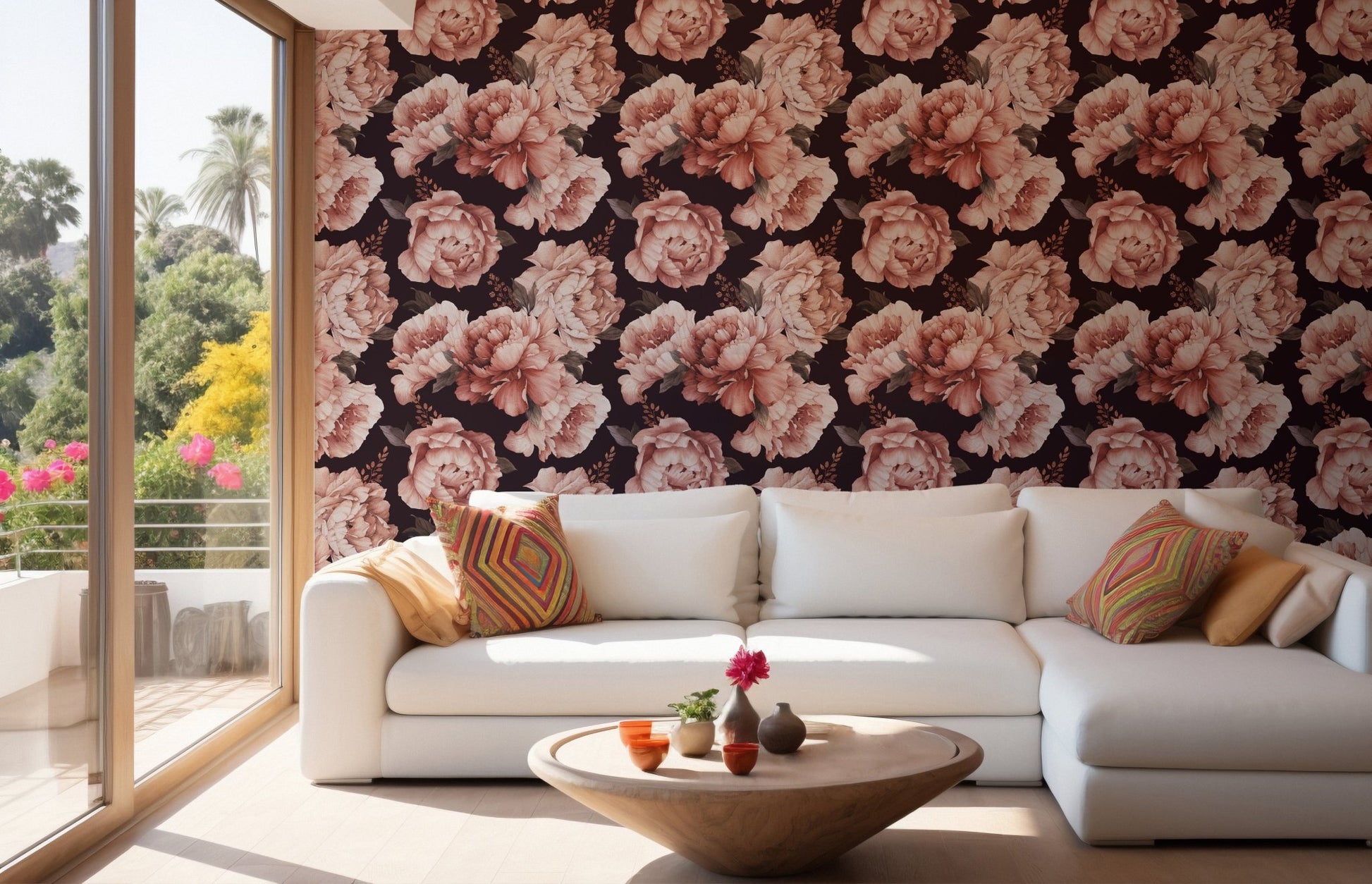 Bright living space showcasing the Brown watercolor wallpaper.