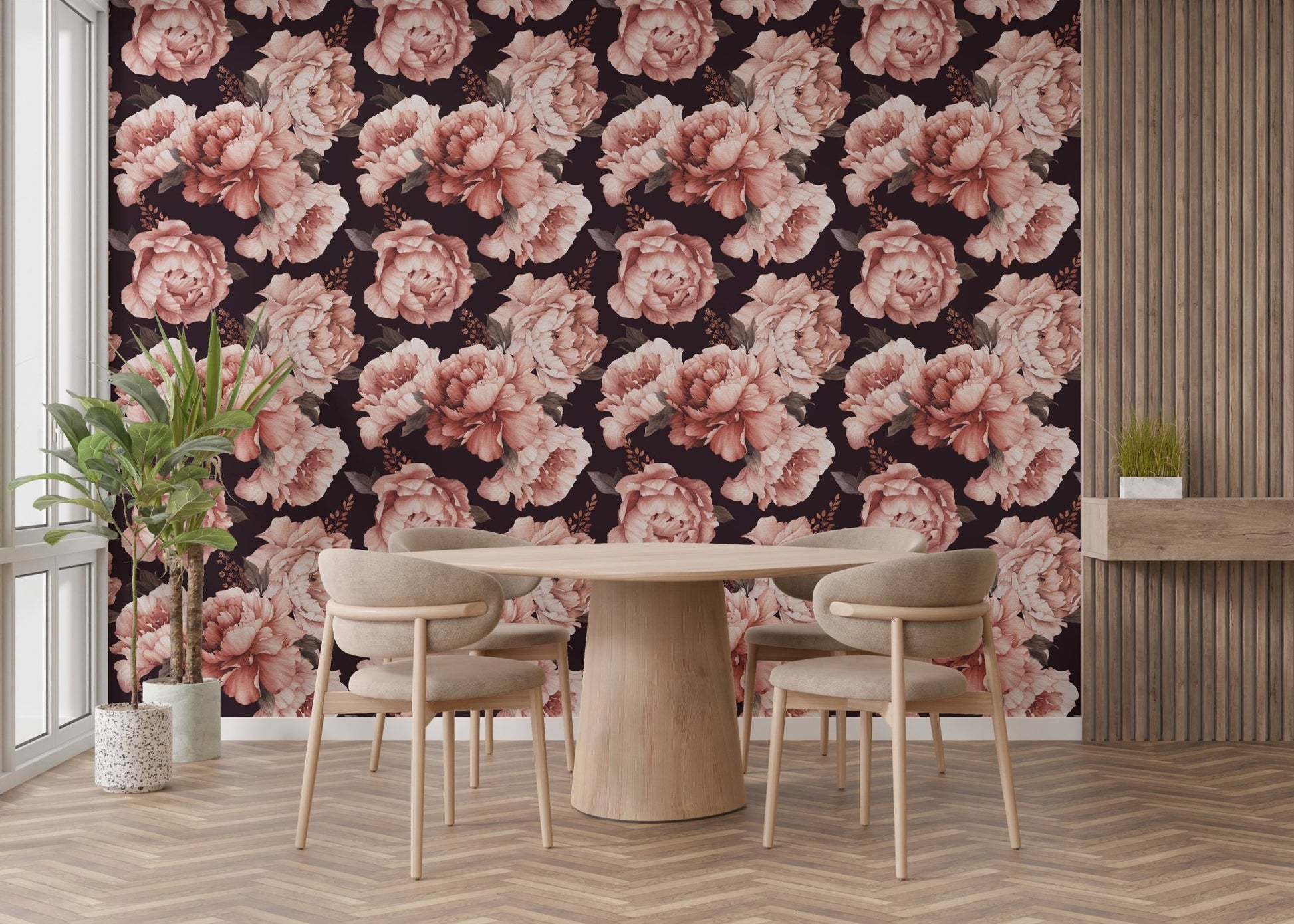 Brown Petals Watercolor wallpaper applied to a dining room feature wall.