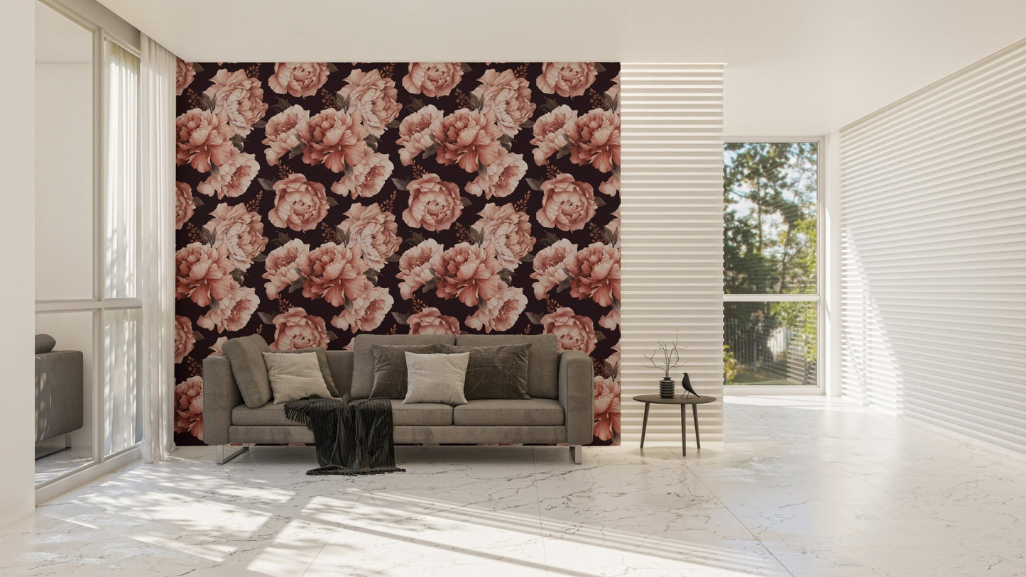 Spacious living room with Petals Watercolor wallpaper and sofa.