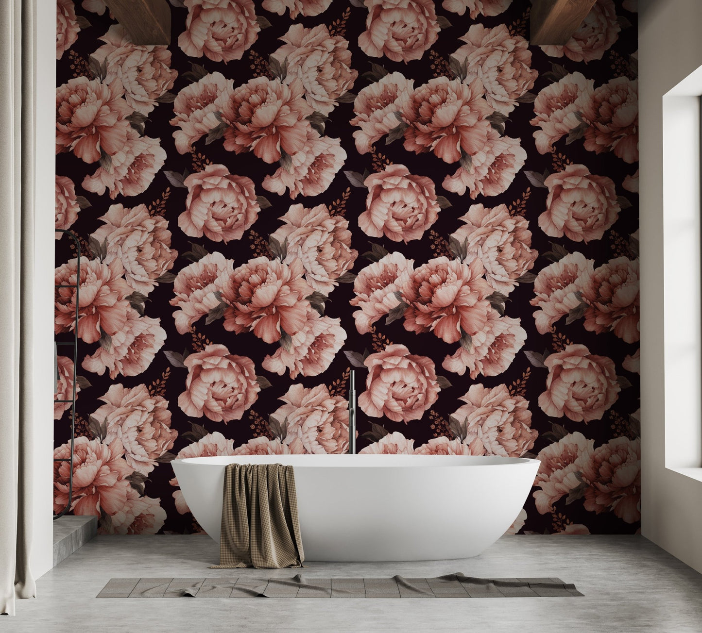 Bathroom interior featuring Watercolor wallpaper mural behind tub.