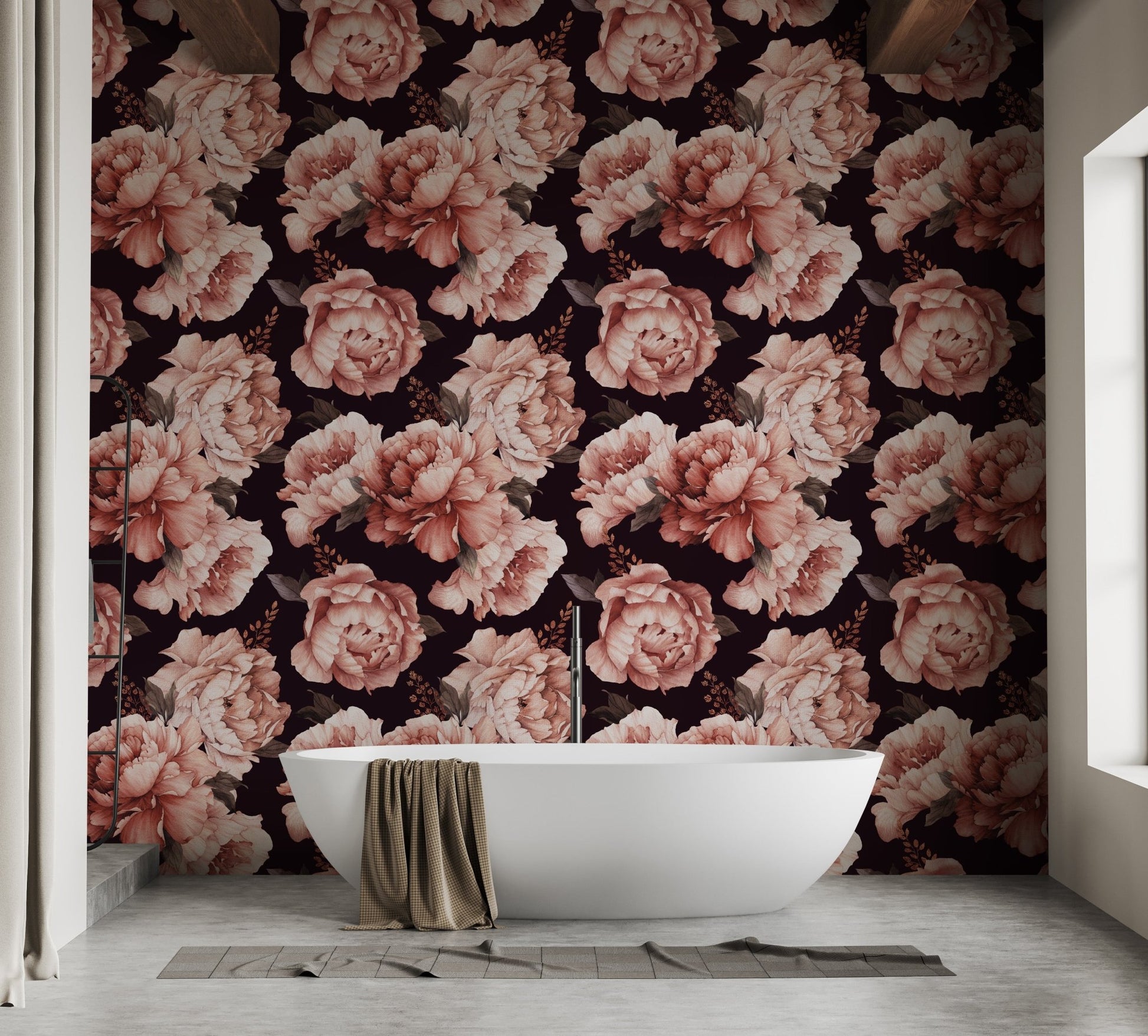Bathroom interior featuring Watercolor wallpaper mural behind tub.