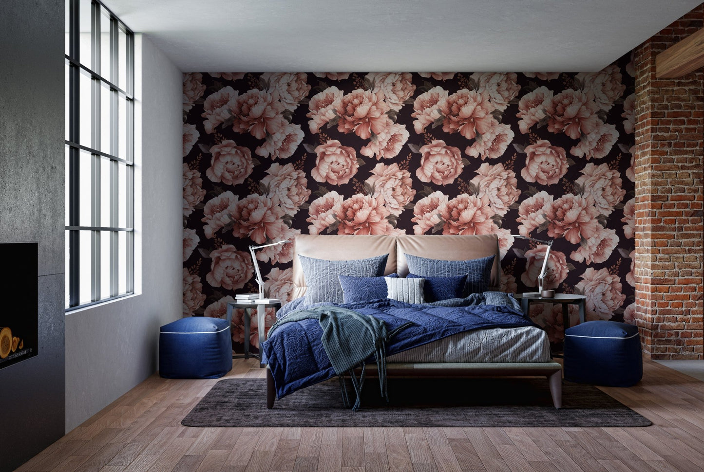 Modern bedroom with dark brown floral wallpaper behind a wooden bed frame.