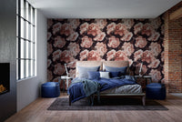 Modern bedroom with dark brown floral wallpaper behind a wooden bed frame.