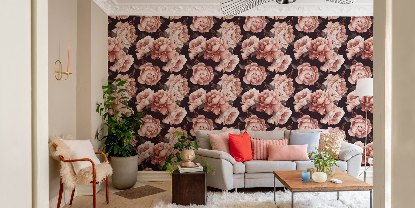 Minimalist living room with Brown Petals Watercolor wallpaper mural.