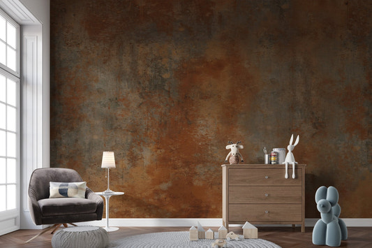 Industrial metal wall mural featuring oxidized steel patterns and dark bronze shades.