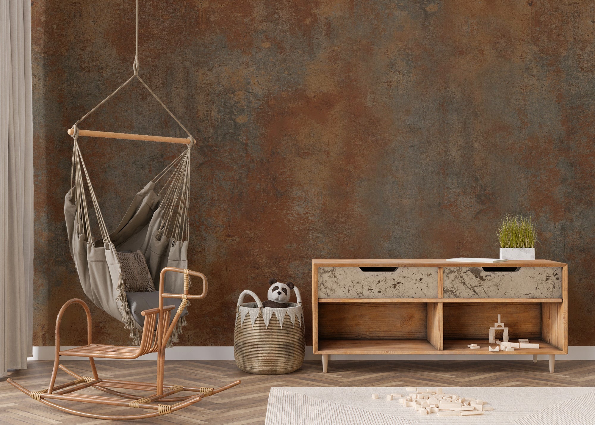 Brown rust metal wallpaper with weathered iron texture and warm amber tones.
