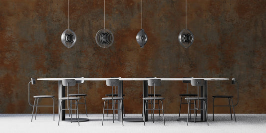 Gritty textured metal wallpaper with a deep sienna and charcoal color palette.