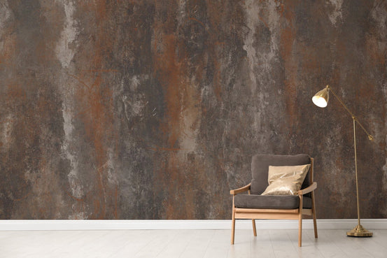 Brown rustic metal wallpaper with oxidized iron and copper textures.