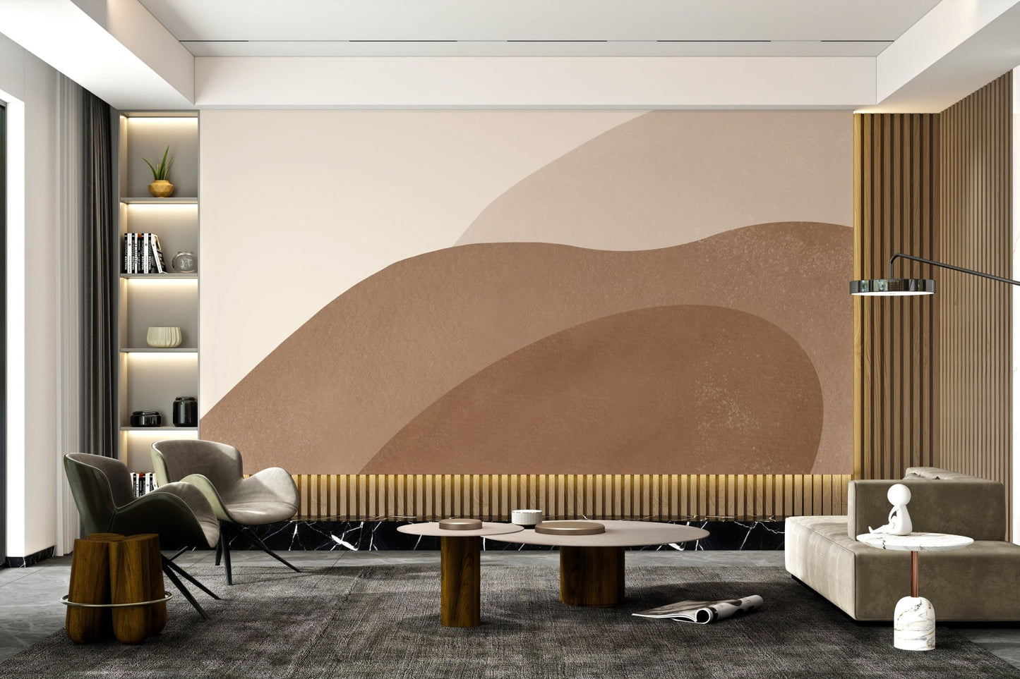 Minimalist wall mural featuring layered brown earth tones in workspace