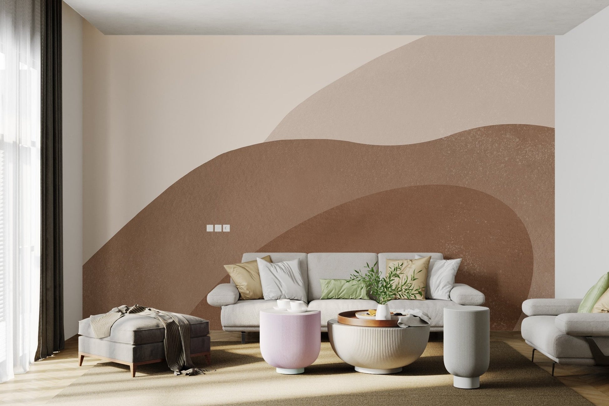 Beige wall mural with wavy brown abstract shapes in seating space