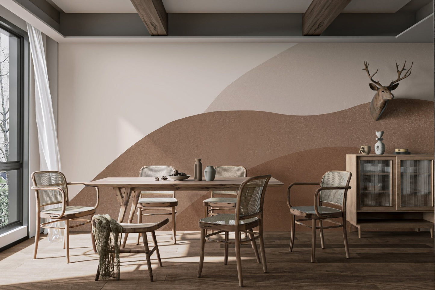 Mid-century style brown terracotta wall mural for modern dining room.