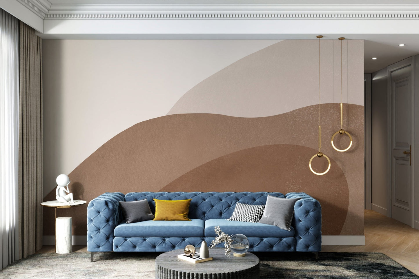 Abstract watercolor wall mural in warm brown and beige