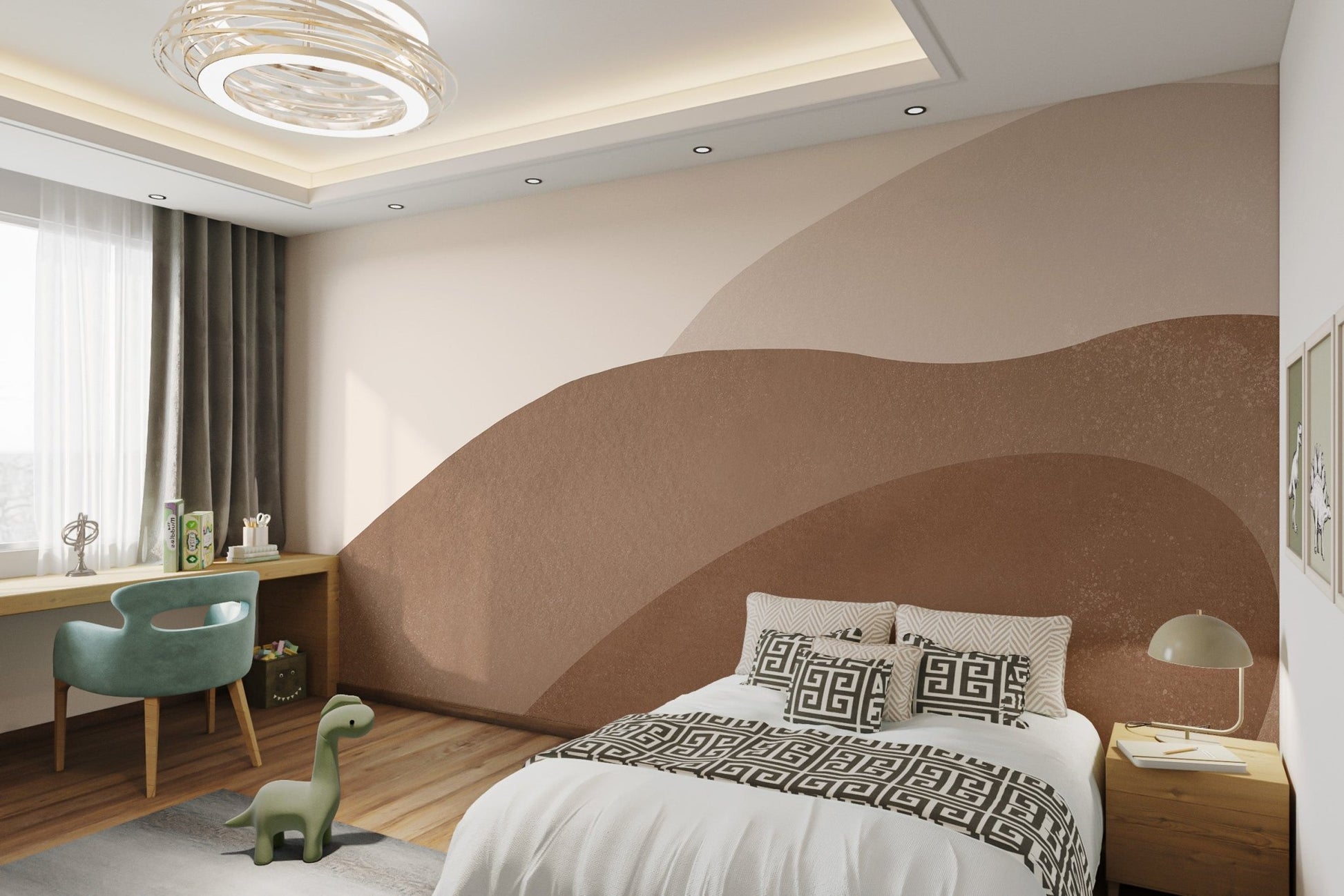 Brown Shapes Watercolor Texture Beige Wall mural in bedroom setting