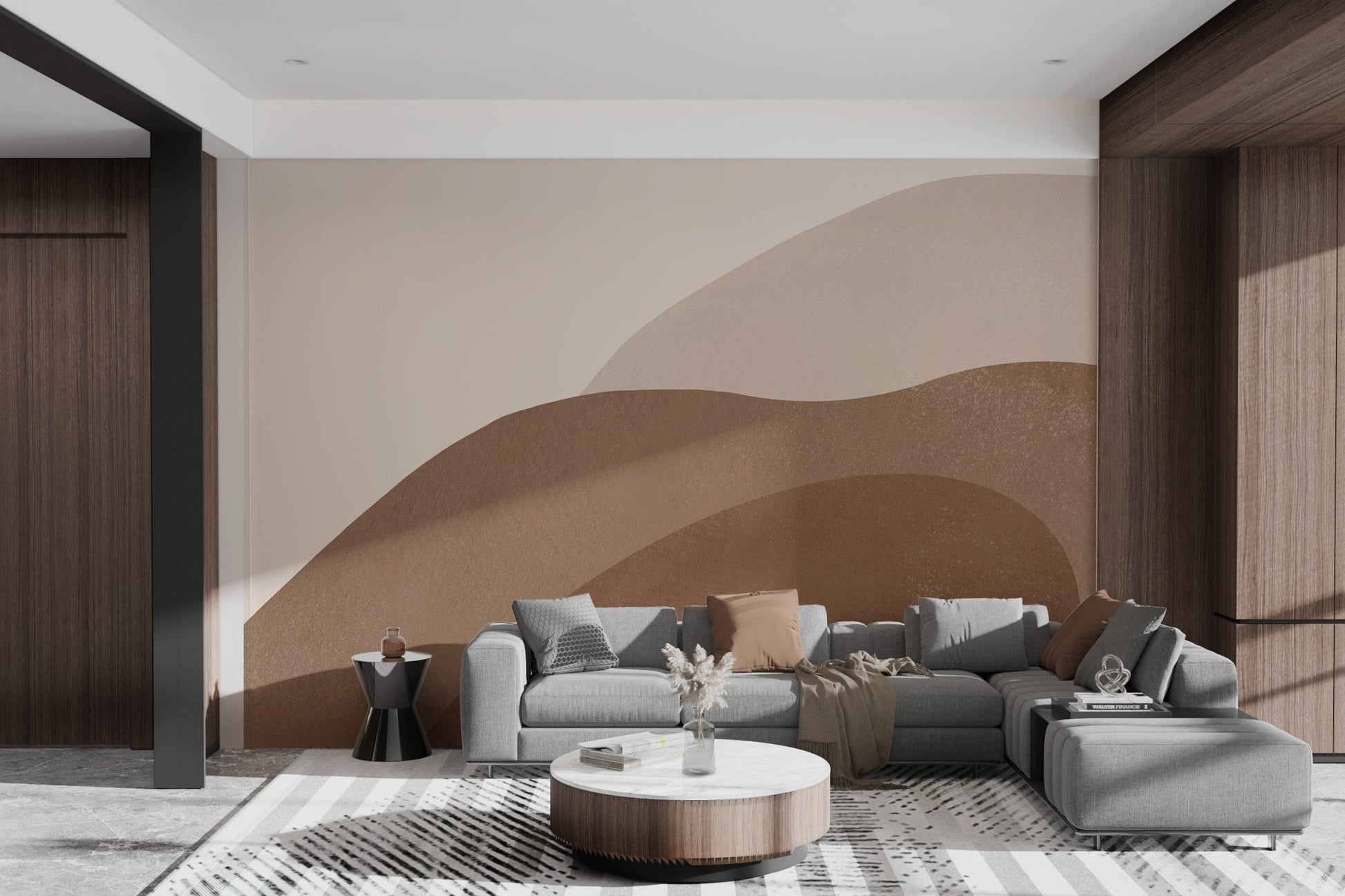 Warm brown and beige watercolor wall mural for modern living room.
