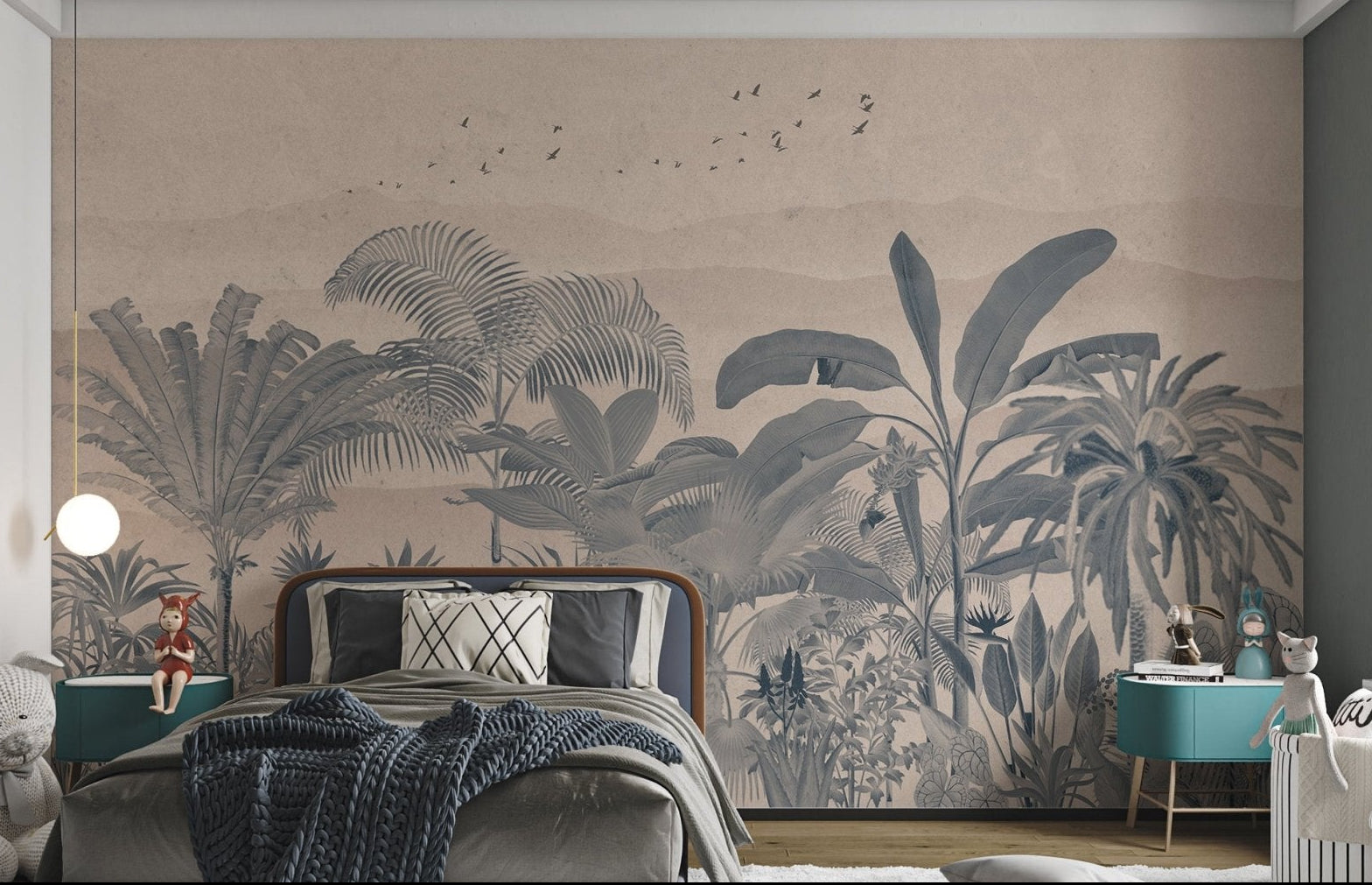 Brown Tropical Jungle Wall Mural with flying birds in kids bedroom.