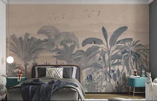 Brown Tropical Jungle Wall Mural with flying birds in kids bedroom.