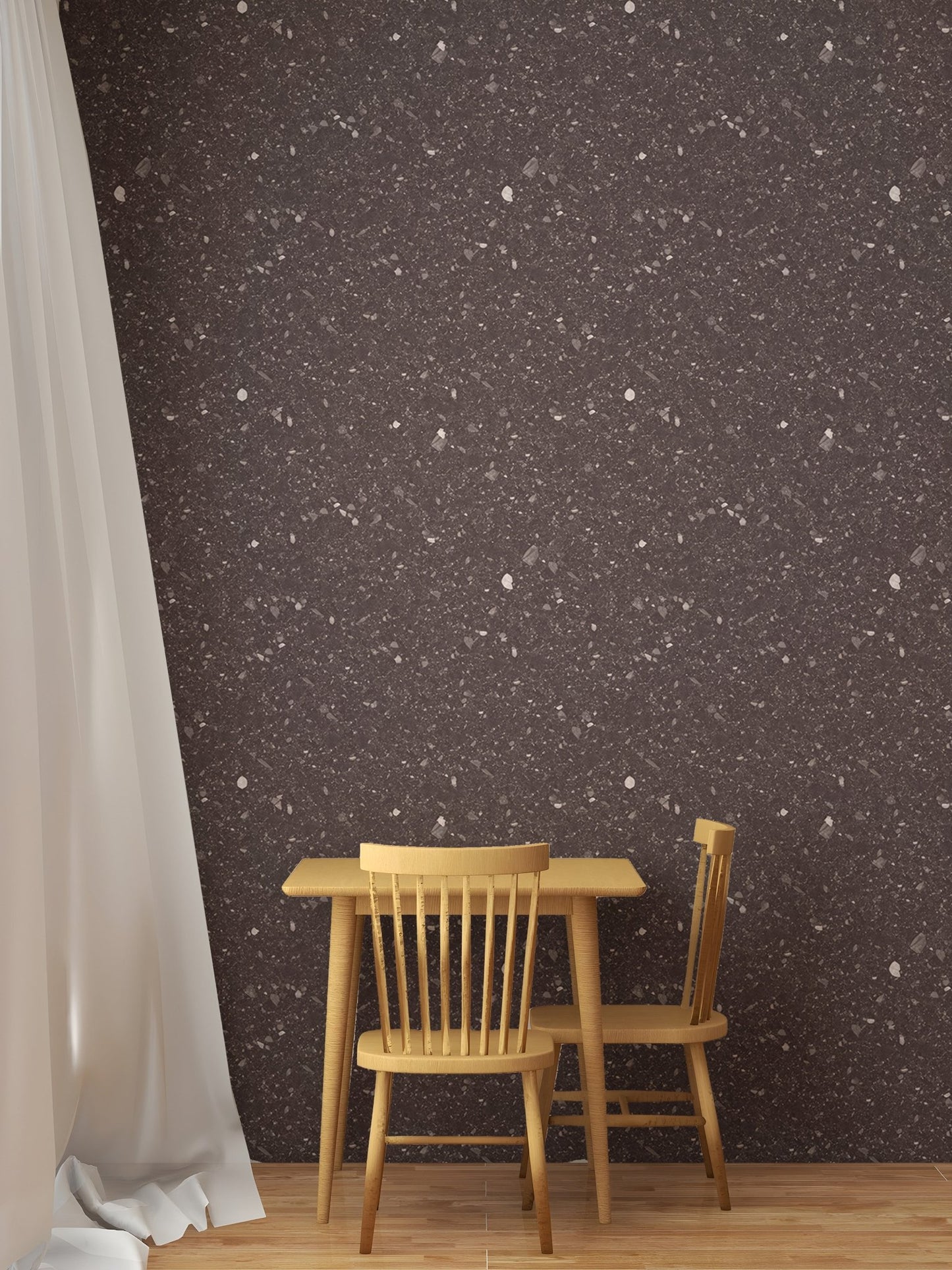 Dark terrazzo wallpaper in a small dining area with a wooden table and chair.